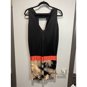 Small, Pinko, dress with plunging back. Black, coral and peach. Made in Italy